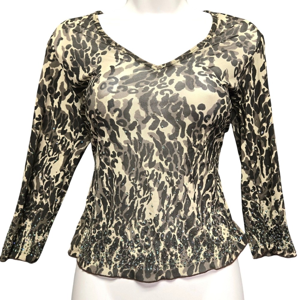 Express Leopard Mesh Top Y2K V-Neck Sheer Blouse Medium Brown Animal Print